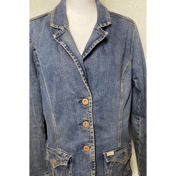 Levi Strauss Denim Blazer Women's XL Button Blue Jean Jacket Distressed Copper - Picture 2 of 10